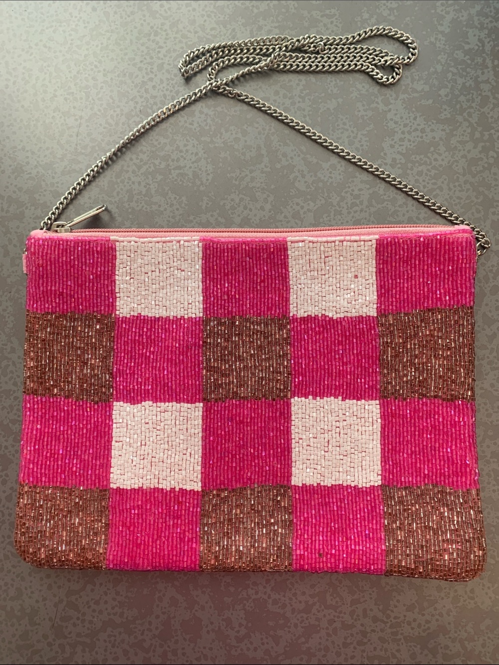 Beaded Checkerboard Pink & white and bronze gold Crossbody Clutch with chain.
